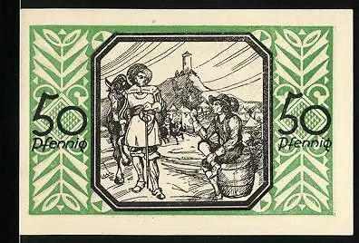 Notgeld Stöckheim 1922, 50 Pfennig, Mann auf einem Fass sitzend spricht zu einem Mann mit Pferd