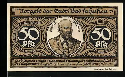 Notgeld Bad Salzuflen 1921, 50 Pfennig, Portrait Eduard Hoffmann, weisse Katze