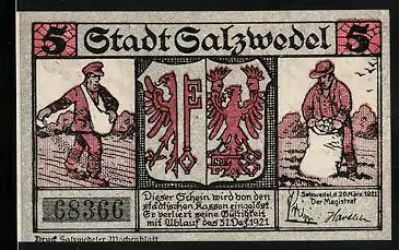 Notgeld Salzwedel 1921, 5 Pfennig, Sämann und Bauer mit Kartoffelsack und Wappen, Der Siel