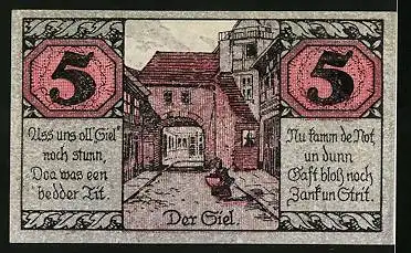 Notgeld Salzwedel 1921, 5 Pfennig, Sämann und Bauer mit Kartoffelsack und Wappen, Der Siel