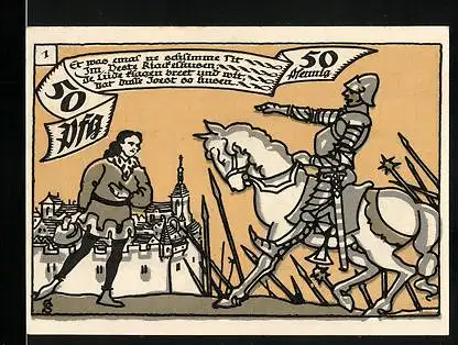 Notgeld Herne i. Westf. 1921, 50 Pfennig, Krieger zu Pferde belehrt Zivilisten, Krieger mit Schild
