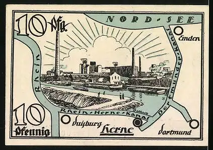 Notgeld Herne in Westf. 1921, 10 Pfennig, Denkmal mit Wappen, Rhein-Herne-Kanal