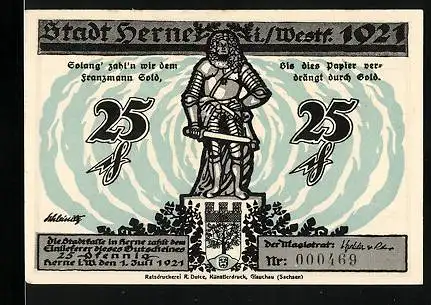 Notgeld Herne in Westf. 1921, 25 Pfennig, Denkmal mit Wappen, Rhein-Herne-Kanal