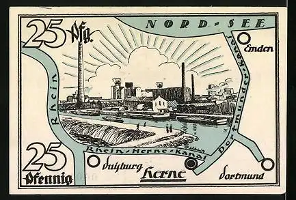 Notgeld Herne in Westf. 1921, 25 Pfennig, Denkmal mit Wappen, Rhein-Herne-Kanal