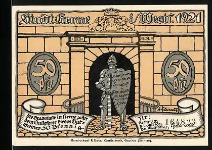 Notgeld Herne in Westf. 1921, 10 Pfennig, Krieger mit Schild, Transportwagen wird gestoppt