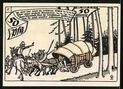 Notgeld Herne in Westf. 1921, 10 Pfennig, Krieger mit Schild, Transportwagen wird gestoppt