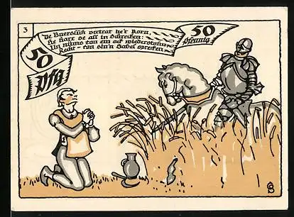 Notgeld Herne in Westf. 1921, 50 Pfennig, Getreidedieb zum Krieger Verschohne mich, Krieger mit Schild