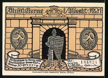 Notgeld Herne in Westf. 1921, 50 Pfennig, Getreidedieb zum Krieger Verschohne mich, Krieger mit Schild