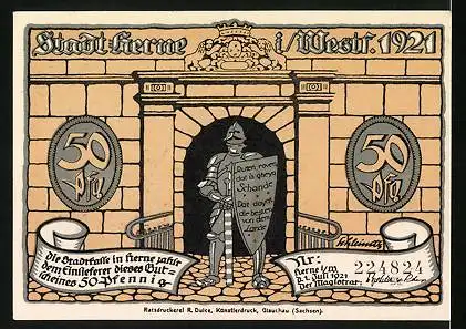 Notgeld Herne in Westf. 1921, 50 Pfennig, Bewaffnete Kämpfer im Anmarsch, Krieger mit Schild