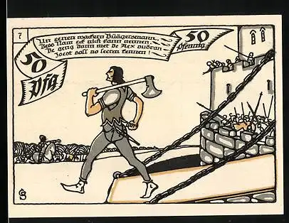 Notgeld Herne in Westf. 1921, 50 Pfennig, Kämpfer mit einer Axt auf der Schulter, Krieger mit Schild