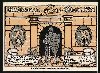 Notgeld Herne in Westf. 1921, 50 Pfennig, Mann mit Axt schlägt einen Krieger nieder, Krieger mit Schild