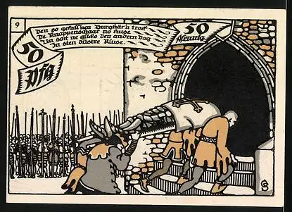 Notgeld Herne in Westf. 1921, 50 Pfennig, Krieger mit Schild, Beerdigung eines Kriegers