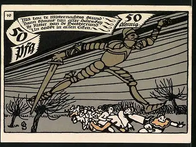 Notgeld Herne in Westf. 1921, 50 Pfennig, Krieger mit Schild, Zivilisten flüchten vor einem Bewaffneten