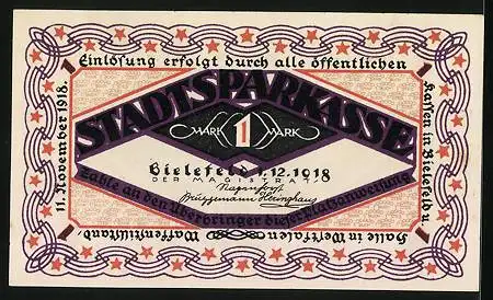 Notgeld Bielefeld 1918, 1 Mark, Soldat beim Bocksprung Freie Bahn dem Tüchtigen