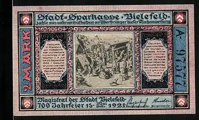 Notgeld Bielefeld 1921, 2 Mark, Heilquell am Köttelbrink, Syndikus Hoffbauer