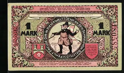 Notgeld Bielefeld 1921, 1 Mark, Schmied von Bielefeld mit Fahne, Stadtansicht mit Wappen