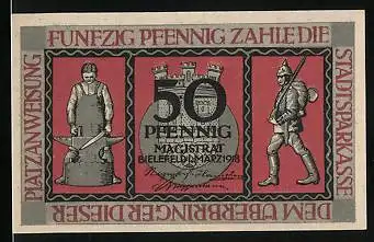 Notgeld Bielefeld 1918, 50 Pfennig, Schmied, Soldat in Uniform und Wappen