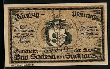 Notgeld Bad Sachsa am Südharz 1921, 50 Pfennig, Wappen und Schmelzteich mit Katzenstein und Ravensberg