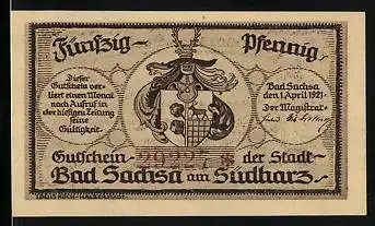 Notgeld Bad Sachsa am Südharz 1921, 50 Pfennig, Wappen und Schmelzteich mit Katzenstein und Ravensberg