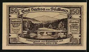 Notgeld Bad Sachsa am Südharz 1921, 50 Pfennig, Wappen und Schmelzteich mit Katzenstein und Ravensberg