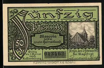 Notgeld Arys in Ostpreussen 1920, 50 Pfennig, Kirche und Wappen