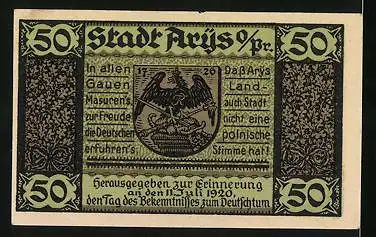 Notgeld Arys in Ostpreussen 1920, 50 Pfennig, Kirche und Wappen