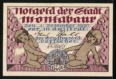 Notgeld Montabaur 1920, 10 Pfennig, Fachwerkhaus, zwei Engel mit Wappen