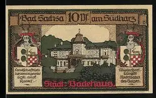 Notgeld Bad Sachsa am Südharz 1921, 10 Pfennid, Städtisches Badehaus, Wappen