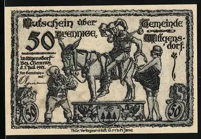 Notgeld Wittgensdorf 1921, 50 Pfennig, Eulenspiegel auf Dukatenesel, Arbeiter und Kinder vor Fabrik