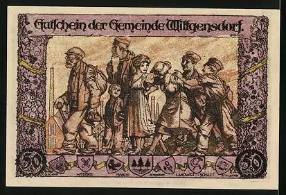 Notgeld Wittgensdorf 1921, 50 Pfennig, Eulenspiegel auf Dukatenesel, Arbeiter und Kinder vor Fabrik