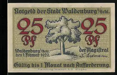 Notgeld Waldenburg in Schlesien 1920, 25 Pfennig, Alter Baum, Arbeiter in Stein