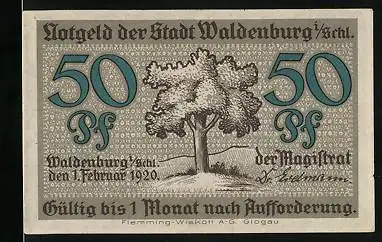 Notgeld Waldenburg in Schlesien 1920, 50 Pfennig, Alter Baum, Arbeiter in Stein