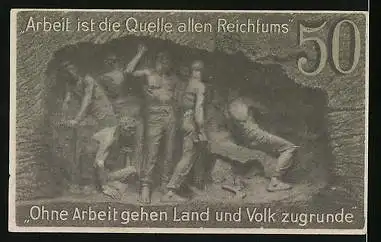 Notgeld Waldenburg in Schlesien 1920, 50 Pfennig, Alter Baum, Arbeiter in Stein