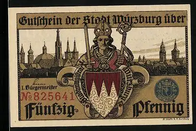 Notgeld Würzburg 1920, 50 Pfennig, Geistlicher mit Wappen, Kirche mit Wappen