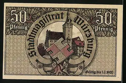 Notgeld Würzburg 1920, 50 Pfennig, Geistlicher mit Wappen, Kirche mit Wappen