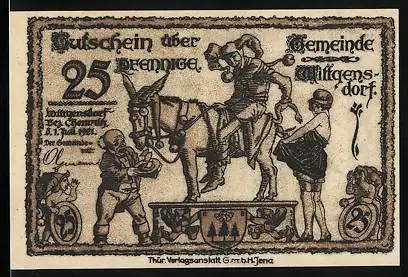 Notgeld Wittgensdorf 1921, 50 Pfennig, Eulenspiegel auf Dukatenesel, Frauen mit Engel