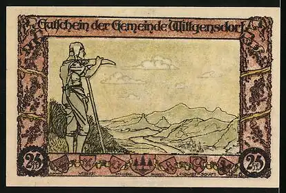Notgeld Wittgensdorf 1921, 25 Pfennig, Eulenspiegel auf Dukatenesel, Bauer mit Sense schaut ins Land