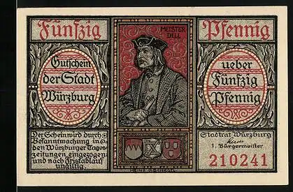 Notgeld Würzburg, 50 Pfennig, Meister Dill, Wappen