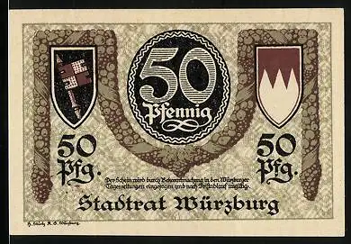 Notgeld Würzburg, 50 Pfennig, Wappen, Walther von der Vogelweide mit Harfe