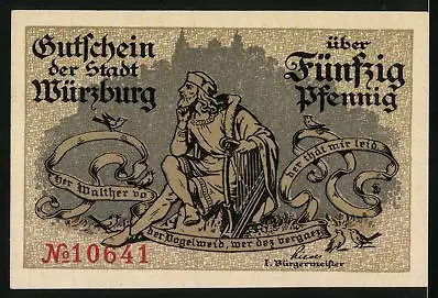 Notgeld Würzburg, 50 Pfennig, Wappen, Walther von der Vogelweide mit Harfe