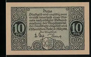 Notgeld Oschersleben (Bode) 1921, 10 Pfennig, Wappen, Gross Gebäudeansicht