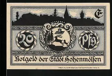 Notgeld Hohenmölsen 1921, 20 Pfennig, Ortsansicht mit Wappen und Rathaus