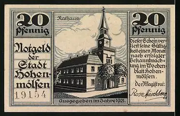 Notgeld Hohenmölsen 1921, 20 Pfennig, Ortsansicht mit Wappen und Rathaus