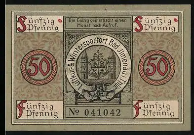 Notgeld Bad Ilmenau i. Thür. 1921, 50 Pfennig, Wappen, Kickelhahnturm