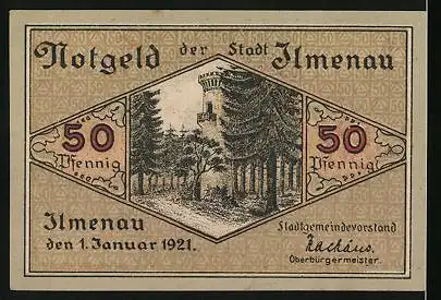 Notgeld Bad Ilmenau i. Thür. 1921, 50 Pfennig, Wappen, Kickelhahnturm