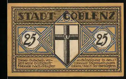 Notgeld Coblenz 1921, 25 Pfennig, Wappen und Balduinbrücke