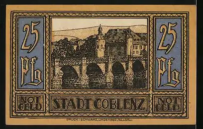 Notgeld Coblenz 1921, 25 Pfennig, Wappen und Balduinbrücke