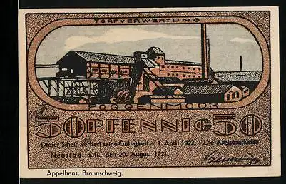 Notgeld Neustadt a. R. 1921, 50 Pfennig, Torfverwertung, Seilbahn