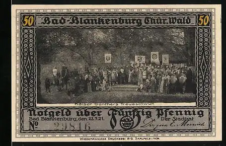 Notgeld Bad Blankenburg i. Thür. Wald 1921, 50 Pfennig, Kaiser Günthers Treueschwur, Burg Greifenstein