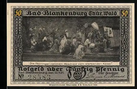 Notgeld Bad Blankenburg /Thür. 1921, 50 Pfennig, Die Thüringer nehmen Abschied vom sterbenden Kaiser, Burg Greifenstein